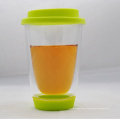 Double Wall Borosilicate Glass Tea Take Away Mug, 10-Ounce, Clear With Silicone Lid.